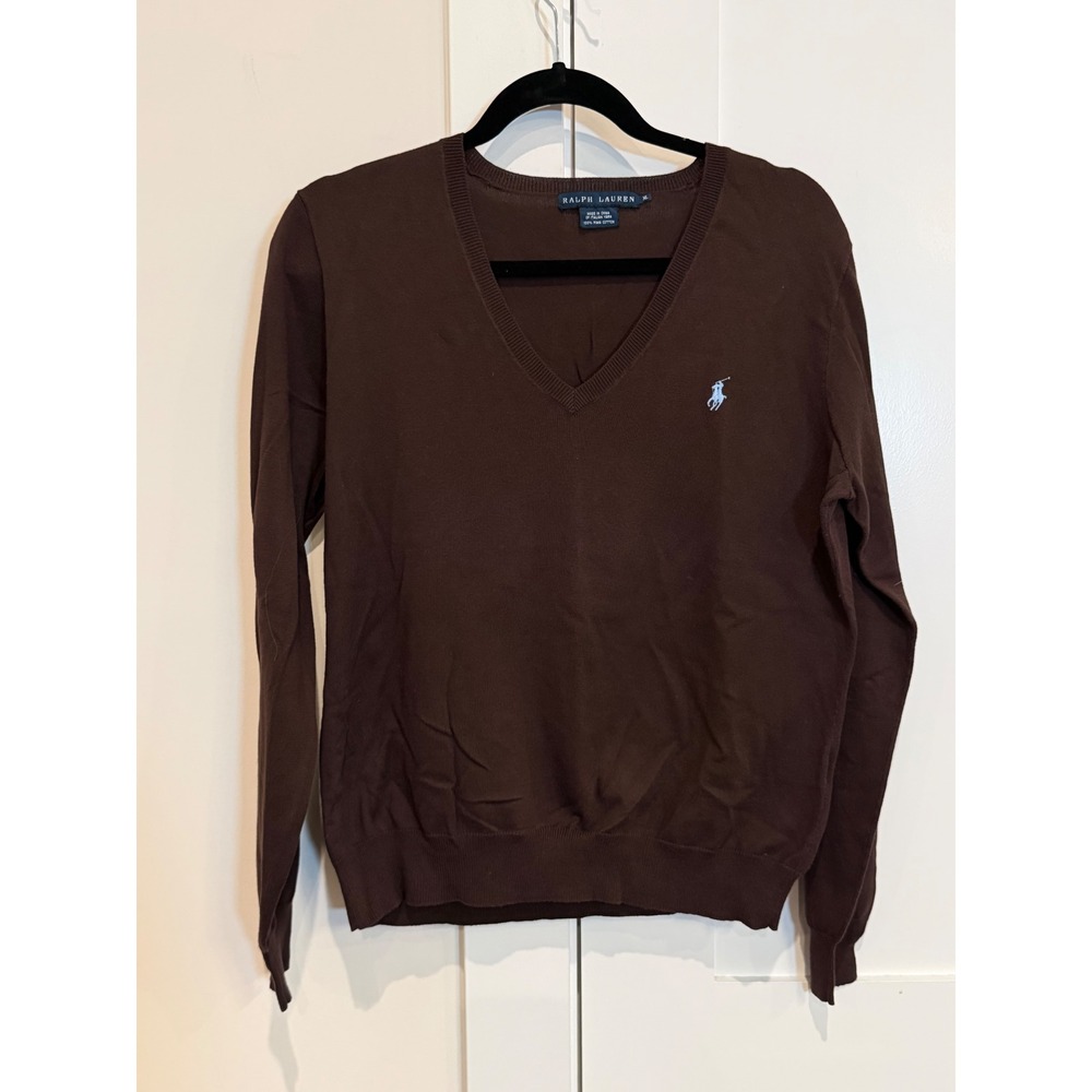 Ralph Lauren V-Neck Sweater Women XL Brown Excellent Pima Cotton Preppy Vintage - Picture 3 of 11